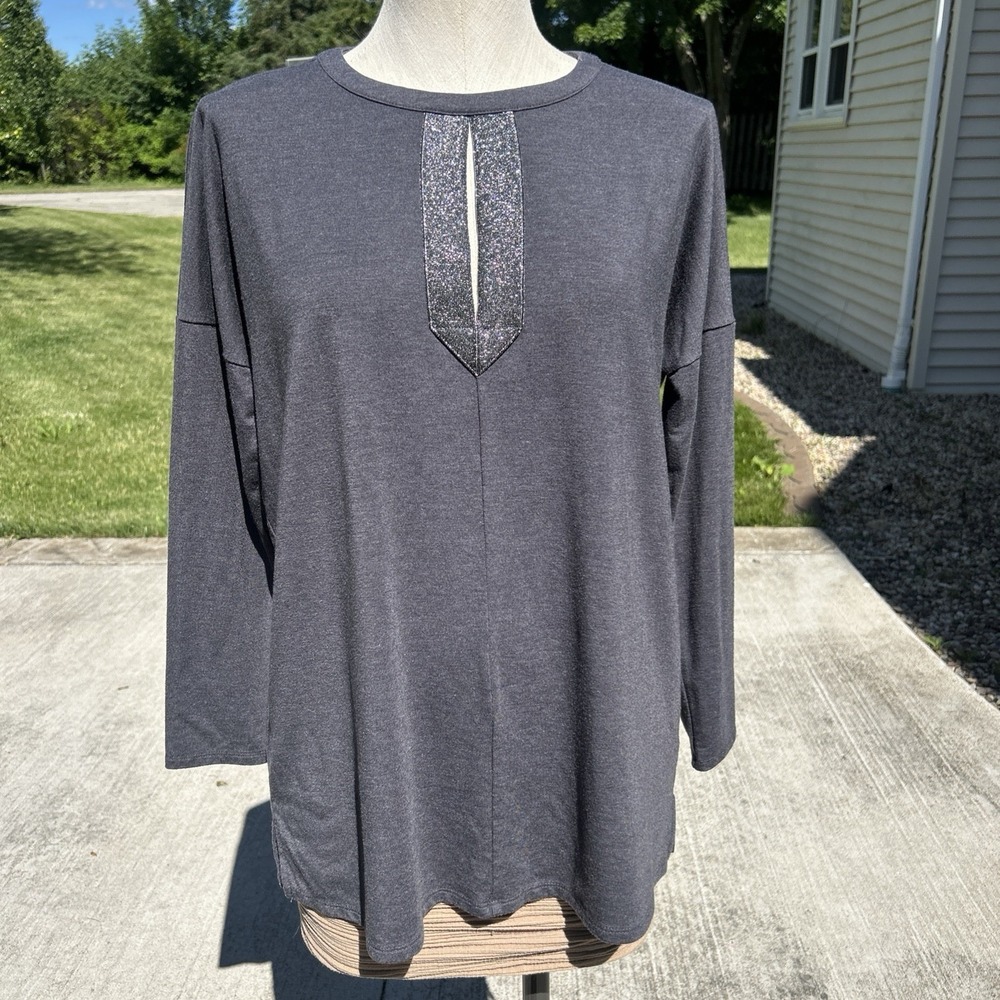 J. Jill Pure Jill Tunic Top Womens Small Petite Gray Sparkle Keyhole Tencel Knit